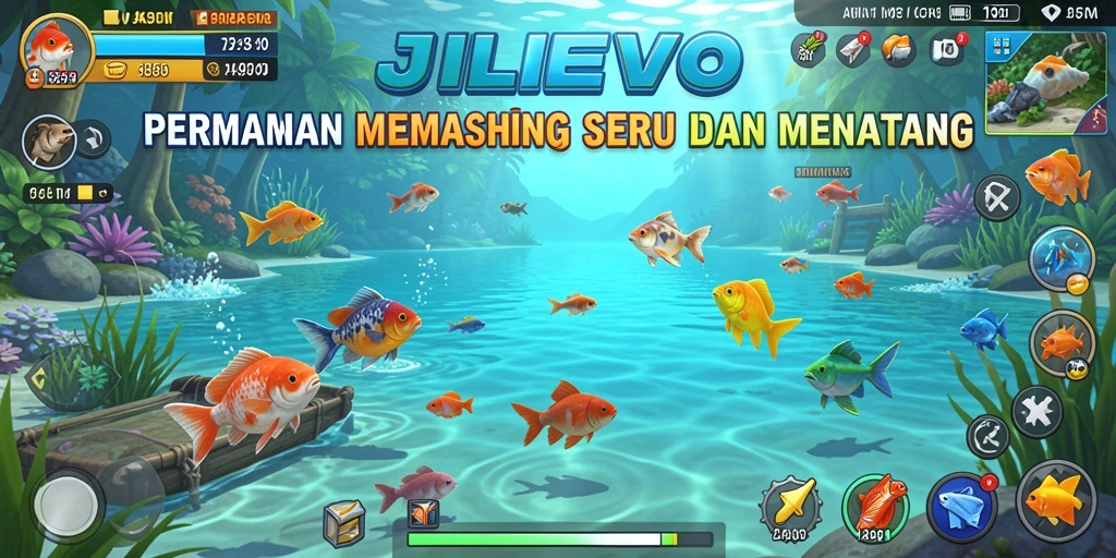 Screenshot gameplay JILIEVO yang menampilkan aksi memancing di danau yang indah.