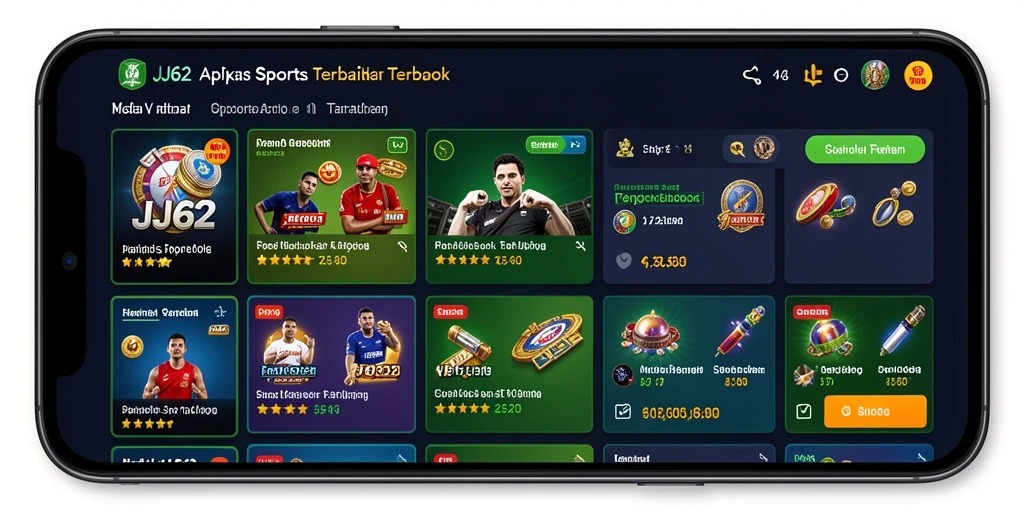 Tampilan antarmuka utama dari aplikasi Sportsbook JJ62 yang menarik.