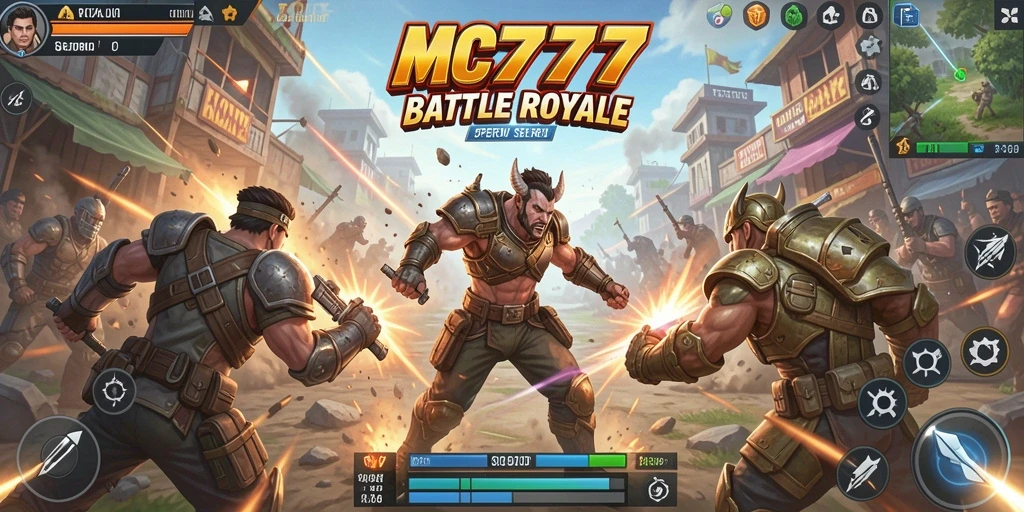 Screenshot gameplay MC777 menunjukkan aksi Battle Royale intens.