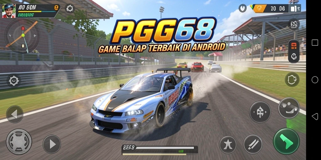 Screenshot PGG68 menampilkan balapan seru dengan mobil cepat dan trek yang menantang.