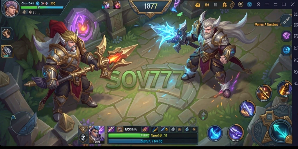 Tampilan gameplay SOV777 dengan karakter beraksi di arena MOBA.